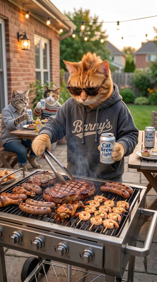 Barny grilling steaks while his friends judge the marinade.