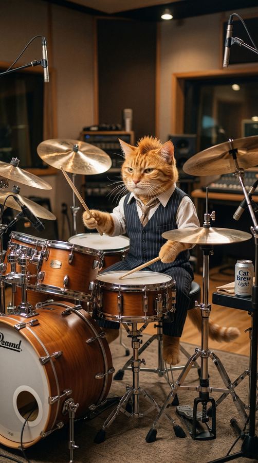 Barny playing drums in a studio.