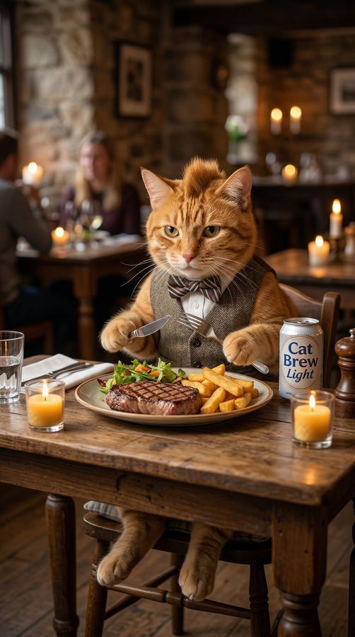 Barny at a candle-lit pub with a steak dinner.