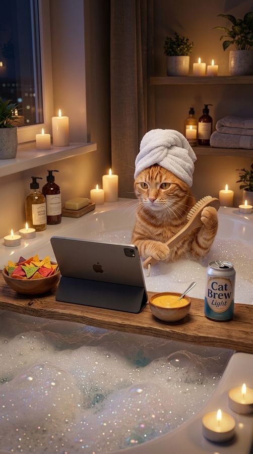 Barny in the bathtub with an iPad and a cat brew.