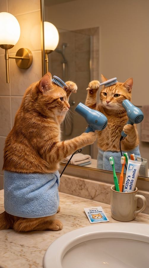 Barny blow-drying his fur in front of a mirror.