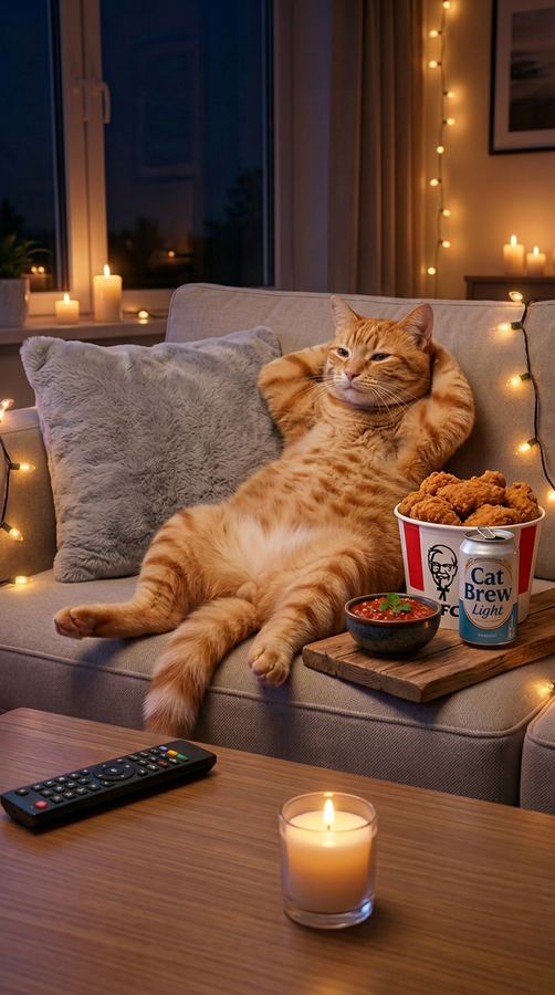 Barny on the couch with a takeout bucket.