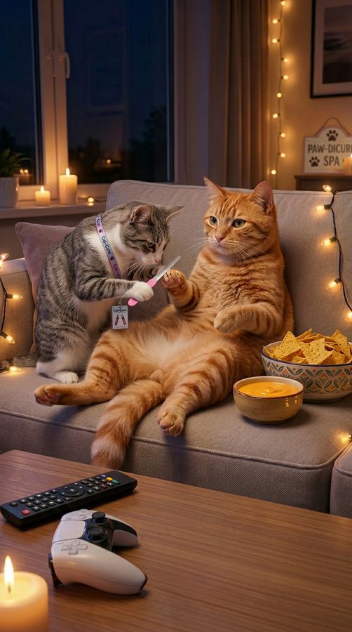 A friend offering Barny a drink on the couch.