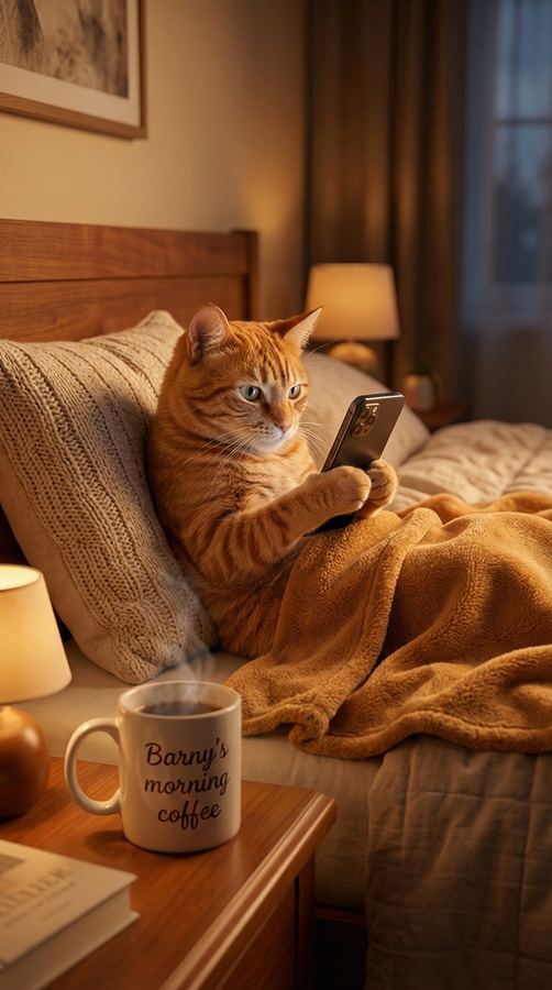 Barny scrolling his phone in bed with his morning coffee.