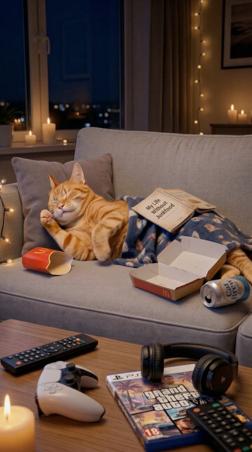 Barny napping next to a game controller and fast food.