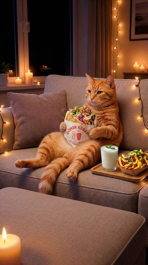 Barny enjoying a kebab on the couch.