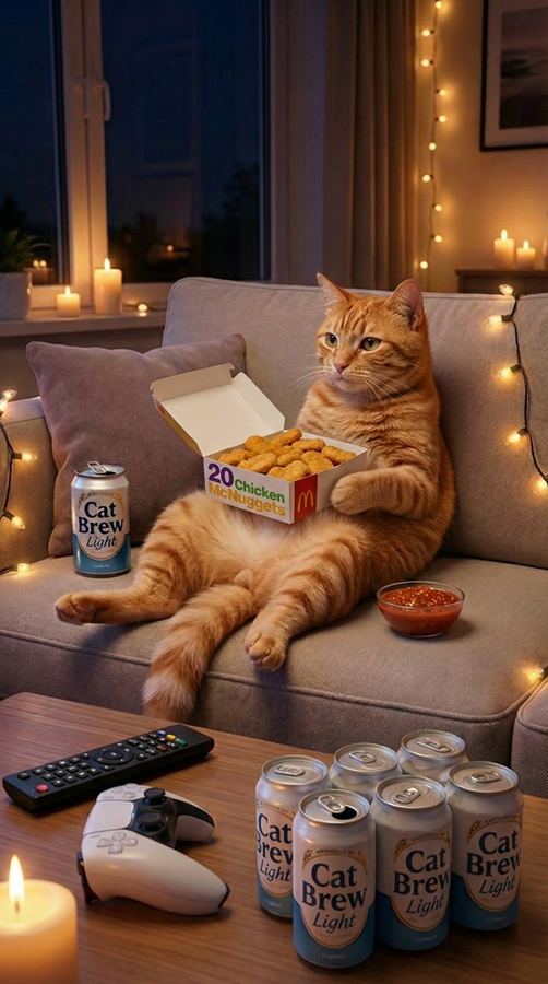 Barny with a 20 piece nuggets box and cat brews.