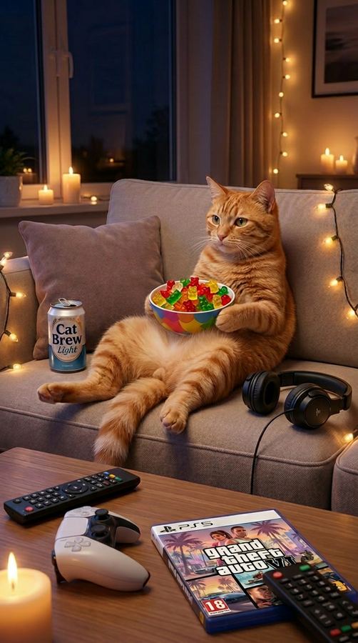 Barny with popcorn, headphones and a game.